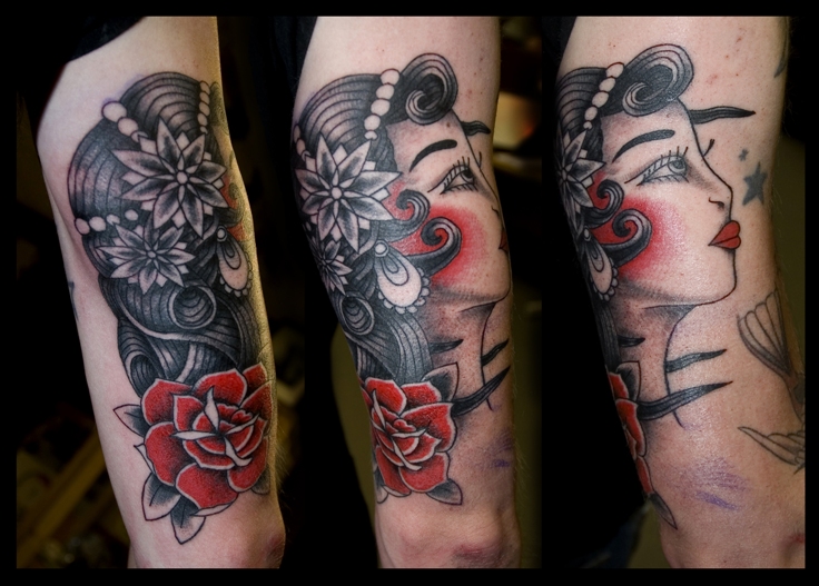 girl tattoos on inner arm. Traditional Gypsy girl