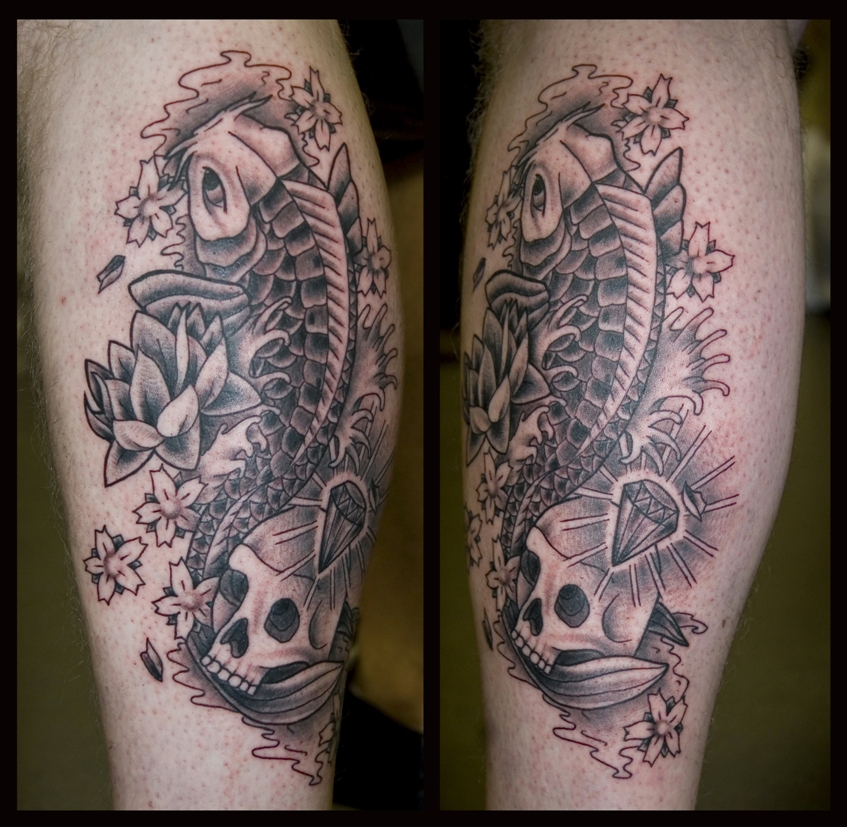 koi with skull calf tattoo black and grey koi with skull tattoo