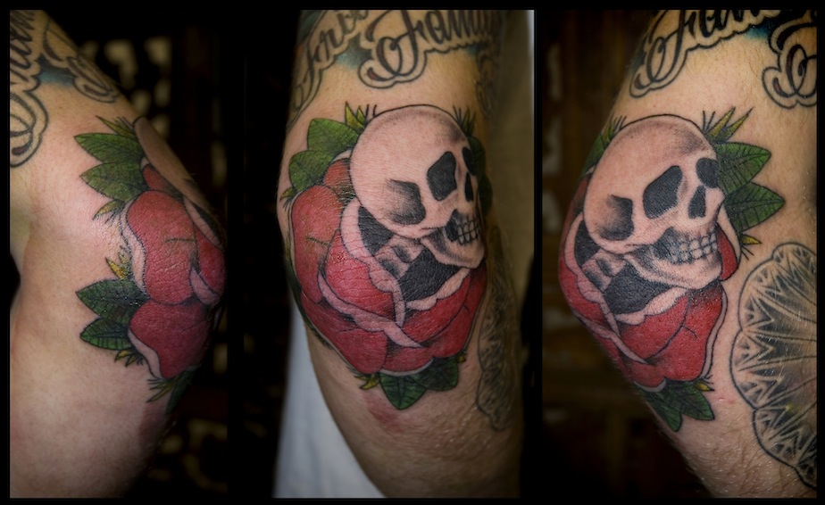 Skull and Rose Tattoo Elbow