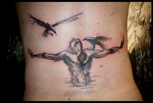 Back piece tattoo based on derek hess artwork